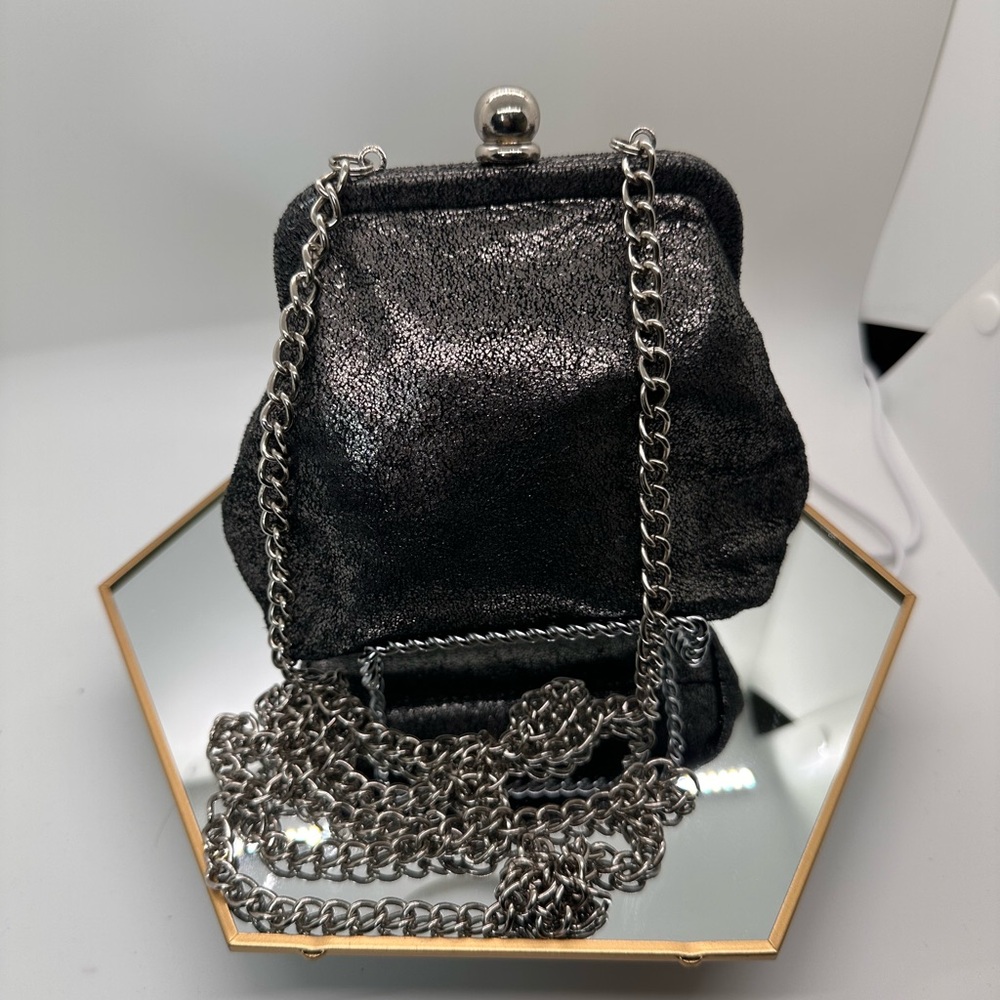 HOBO Leather Shimmering Black Crossbody Bag with Silver Chain- EUC